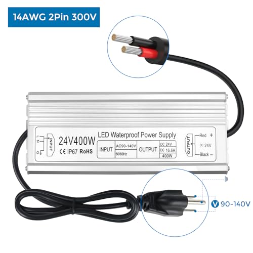 Image of LED Driver 400W 24V Power Supply, IP67 Waterproof Low Voltage Transformer, AC 90-140V to DC 24V 16.6A Converter for Outdoor Landscape Lighting, LED Strip Lights, 3-Prong Plug with 3.3FT Cable