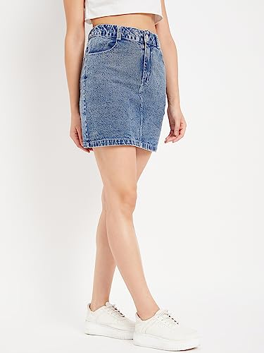 Image of DRAPE AND DAZZLE Mini Skirt with Back Slit Denim Black Short Cotton Skirt with 4 Pocket for Women | Denim Short Skirt for Women & Girl's | Stretchable Western Denim Skirt for Women