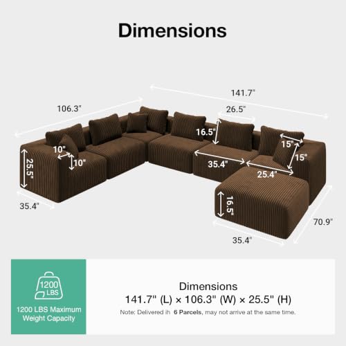 Image of Novilla 141 inch Modular Sectional Sofa, U Shape Sectional Couch, Modern Cloud Design with Smarts Coil Support, Boneless Couch for Living Room Apartment, No Assembly Required, Brown