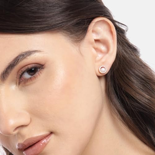 Women's 925 Sterling Silver CZ Encircled Pearl Rose Plated Stud Earrings