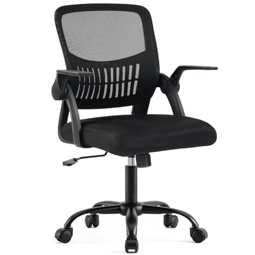 DUMOS Home Office Desk Chair - Ergonomic Computer Mesh Chair with Lumbar Support & Rocking Mode, Height Adjustable, Flip-up Armrest, for Conference, Meeting Room, 360° Swivel, Adults, Black