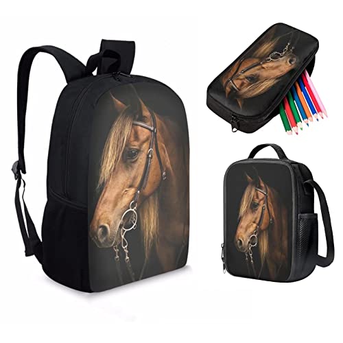STUOARTE 3-teiliges Set Schultaschen-Set für Kinder Mädchen Jungen große Kapazität Rucksack mit Lunch-Taschen und Federmäppchen, Braunes Pferdemuster, Lässiger Tagesrucksack Cover