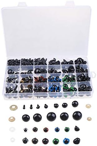 370 PCS 5mm-20mm Solid Black Eyes with Washers, Colorful Craft Plastic Safety Eyes Sewing for DIY of Puppet Plush Animal Making and Teddy Bear