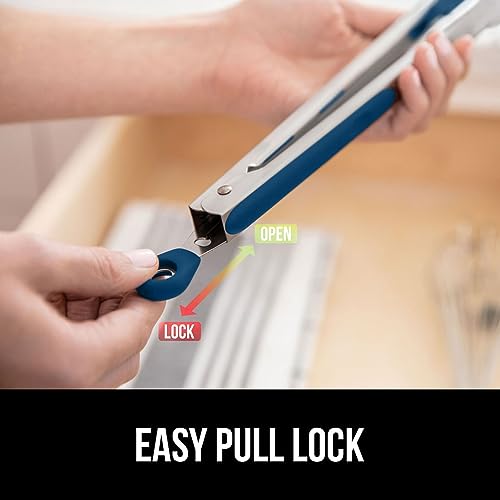Image of GORILLA GRIP Stainless Steel BPA-Free Kitchen Tongs for Cooking, Heat Resistant BBQ Tong Set of 2, Non Scratch Silicone Tip for Pan, Strong Grip, Grab Food, Toss Salad, Pull Lock, 7+9 Inch, Blue