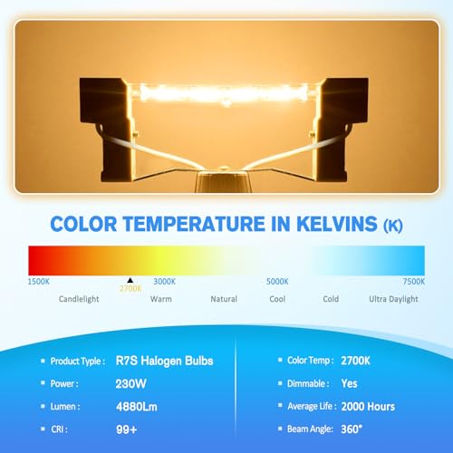 R7s Halogen Light Bulbs Dimmable, 118mm 230W Linear Bulbs for Lamps 2700K Warm White J118 Security Light Bulb, Pack of 6 - Image 3