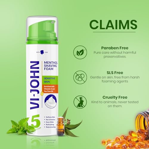 Image of VI- JOHN Shaving Foam For Men, Menthol Shaving Foam With Goodness of Nature, Tea Tree Oil, Vitamin E Enriched and Anti- Bacterial Formula (200GM, Pack of 1)