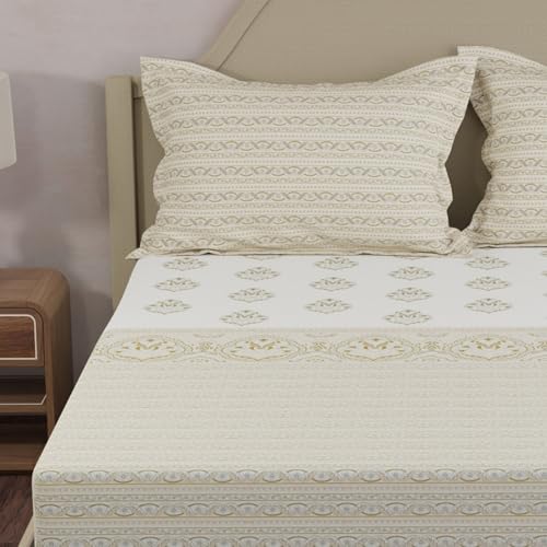 Image of Layers 100% Cotton King Size Bedsheet Set | Cream Ethnic Print | 120 TC Forever Collection | Soft & Breathable | Washable Bedsheet with 2 Pillow Covers | All Season