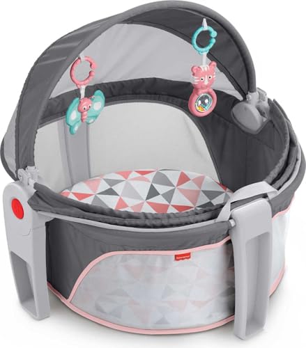 Fisher-Price Portable Bassinet On-The-Go Baby Dome, Travel Play Space with Developmental Newborn Toys & Canopy, Rosy Windmill