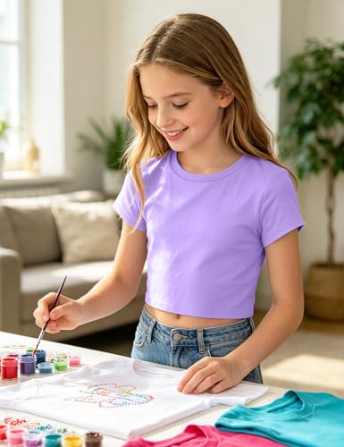 Image of Auranso Girls Crop Tops Kids Short Sleeve T-Shirts Basic Summer Tee Top