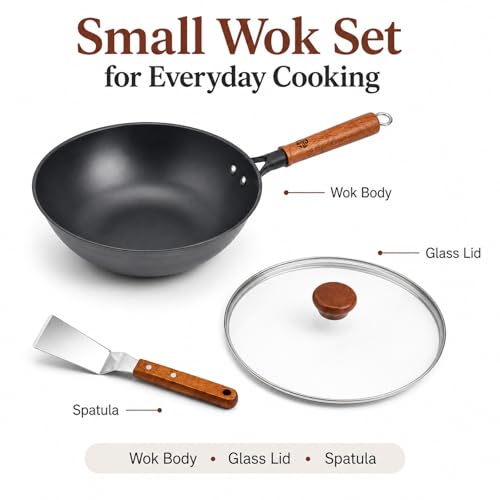 Image of WANGYUANJI 10 Inch Small Carbon Steel Wok Pan with Glass Lid, Lightweight Flat Bottom Stir Fry Pan, Nitrided No Chemical Coating Wok for Induction, Gas & Electric, 1-2 Servings
