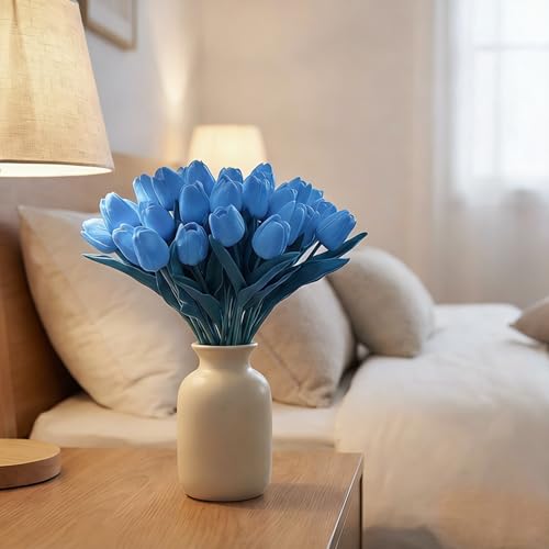Image of 20Pcs Stems 13.5 Inch Light Blue PU Artificial Moisturizing Tulips, Faux Tulips Flowers for Thanksgiving Christmas Decorations Wedding Home Table Vase Floral Arrangements
