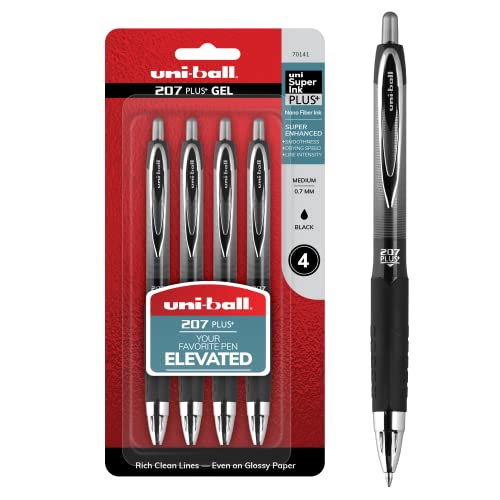 Uni-Ball Signo 207+ Gel Pens 4 Pack, 0.7mm Medium Black, Smooth Writing Gel Ink Pens