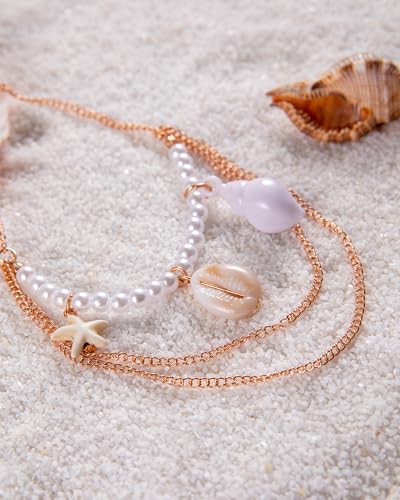 Shell Pearl Arm Cuff for Women Summer Cowrie Shell Starfish Charm Arm Cuff Upper Arm Trendy Pearl Beaded Armlet Armband Beach Jewelry Accessories for Her 5