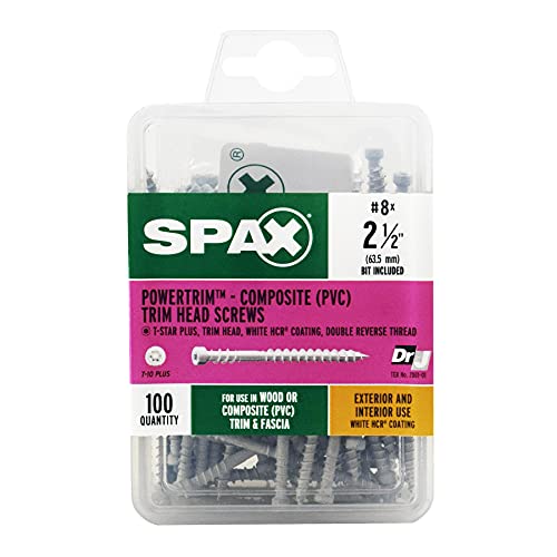 SPAX Tornillos de madera con cabeza trim, doble rosca, tamaño #8 x 2.5 pulgadas, 100 unidades, acabado blanco Powertrim con sistema Torx T-Star Plus miniatura 3