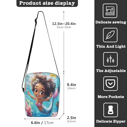 Crossbody Bag African American Black Girl Mermaid Princess Messenger Bag for Women Men Purse Shoulder Bag Satchel Bag with Adjustable Strap 214B88193