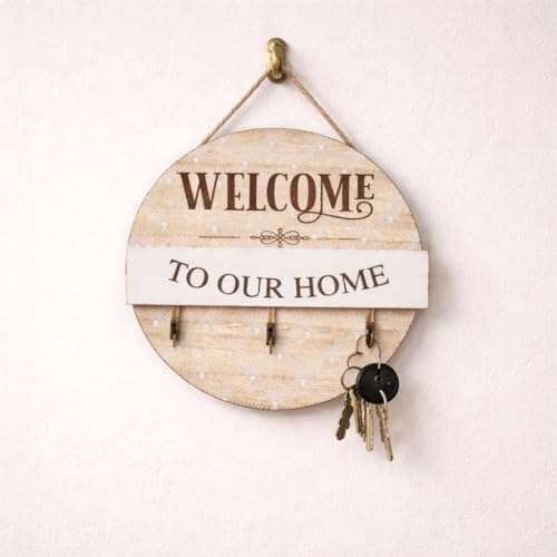 Image of CraftVatika Wooden Wall Key Holder with 3 Hooks, Round Decorative Key Rack Organizer for Wall, Entryway Holder for Home Entrance, Wall Mounted Stand for Home Decor, Housewarming Gift Item