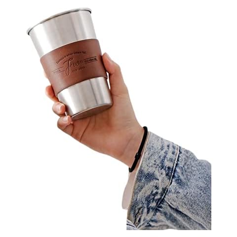 Stainless Steel Pint Cups Water Tumblers Tea Cups Coffee Cups Stackable Drinking with Creative Leather Cup Holder for Camping Hiking Outdoor Indoor Activities Kids(300ml-400ml) Cover
