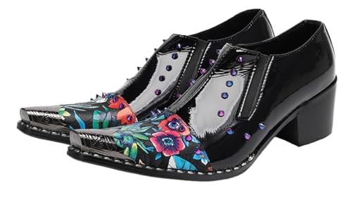 Santimon Men’s Patent Leather Floral‐Studded Dress Loafers – Pointed Toe Slip-On Cuban Heel Shoes for Wedding, Prom, Party, Stage & Gothic Punk Style
