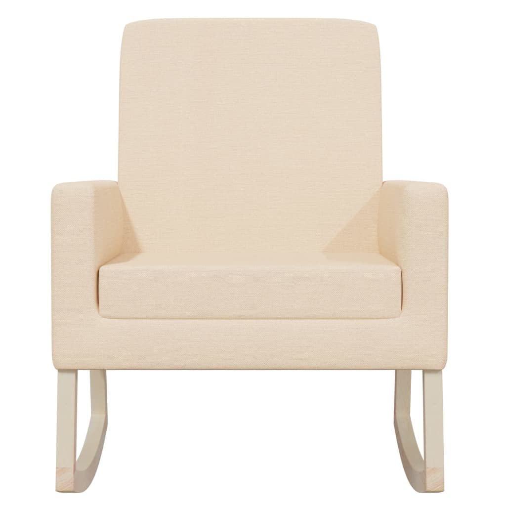 Elegante sillón mecedora con funda de tela en color crema, estructura de madera con reposabrazos para una comodidad óptima, sillón relajante duradero para leer y relajarse