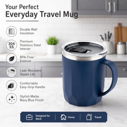 Image of MAGIC SPOON Stainless Steel Travel Coffee Mug with Sipper Lid & Handle, Insulated Tea Cup, BPA-Free Double Wall Tumbler for Hot-Cold Beverages, Office, Home, Car- Pista-Navy, (Combo Pack (400ml X 2))