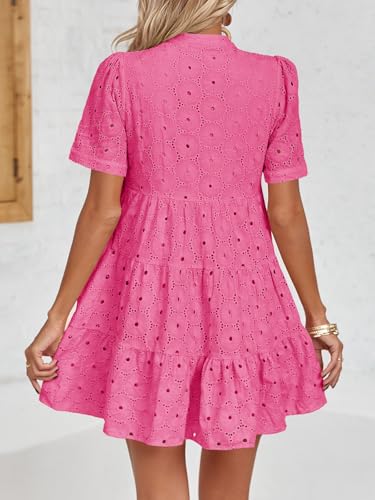 Image of Imily Bela Womens Summer Lace Dresses Eyelet Casual Flowy Babydoll Swing Short Sleeve V Neck Tunic Dress