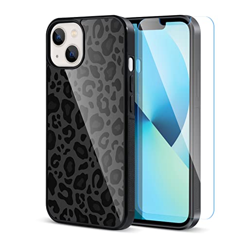 TEAUGHT Compatible with iPhone 13 Case Cute Pattern Black Leopard Print Cheetah + Screen Protector Tire Shockproof Cover, Cheetah Pattern Phone Case Anti-Skid for Girls Women