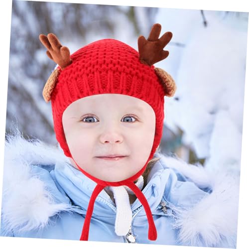 Gorro de invierno para bebé con astas de ciervo tejidas y orejeras para Navidad 4