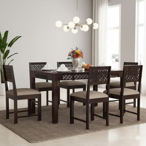 Image of CRAFT D ARTS Wooden 6 Seater Dining Table Set | Dining Table 6 Seater | Six Seater Dinning Table with 6 Cream Cushioned Chairs | Dining Room Furniture for Kitchen & Restaurants | Sheesham Wood, Walnut