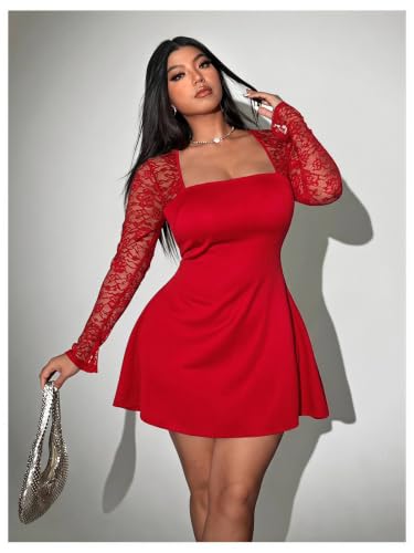Image of Floerns Women's Plus Size Lace Sheer Long Sleeve Square Neck Mini Dresses | A Line, Curvy, Flare, Birthday, Night Out, Party, Wedding Guest, Formal, Mini Dress