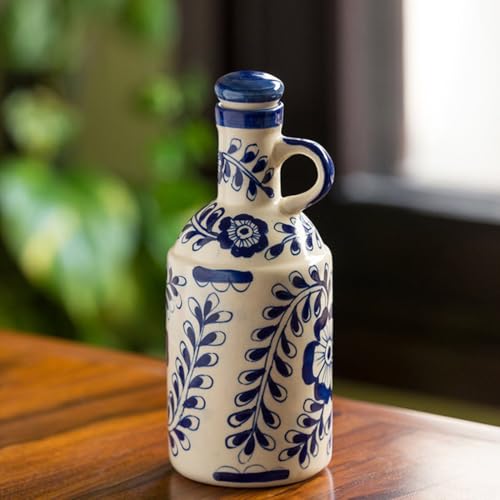 Image of ExclusiveLane The 'Flowy Flora' Mughal Hand-Painted Ink Blue Decorative Ceramic Oil Bottle (1000 Ml) -Cooking Oil Dispenser Containers Vinegar Oil Dropper Can Handled Nozzle Oil Pot Stoppers & Pourers