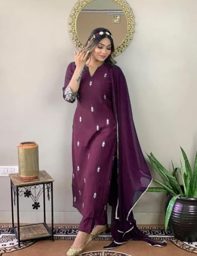 Image of Women Premium Collection Rayon Embroidered Straight Kurta Pant Dupatta Festive Ethnic Apparel Set