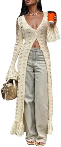 LETSVDO Womens Long Crochet Cardigan Bell Sleeve Ruffle Knit Holl...