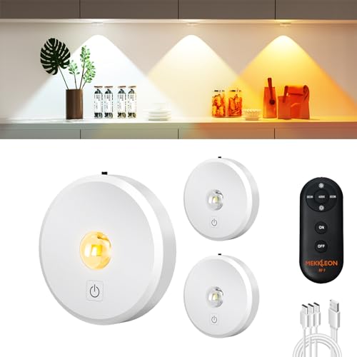 Image of Puck Lights with Remote Control Rechargeable,Wireless Under Cabinet Lighting,2000mAh Battery Operated Tap Push Touch Lights,Stick On Lights for Counter,Shelf,Bookcase (White, 3 Pcs)