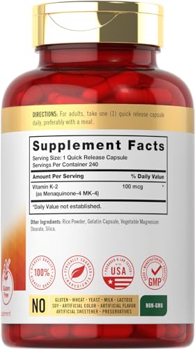 carlyle vitamin k2 supplement 100 mcg  k2 mk-4  240 capsules  non-gmo amp gluten free