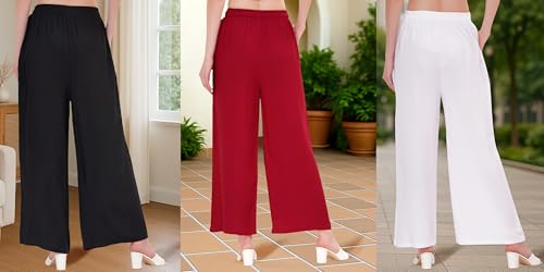Image of Buy That Trendz Palazzo Pants for Women Rayon Elasticated Regular Fit Flared Wide Leg M to 6XL Pack of 3