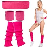 Amazleer 70er Jahre Outfit Damen Accessoires, 80er Jahre Accessoires, Pink Schweißband Set mit Haarband Sport, Wristbands, Beinstulpen, Karneval Kostüme Zubehör für Thema Partyzubehör (Rosa, Onesize)