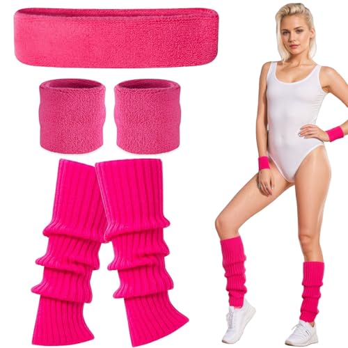 Amazleer 70er Jahre Outfit Damen Accessoires 80er Jahre Accessoires Pink Schweißband Set mit Haarband Sport Wristbands Beinstulpen Karneval Kostüme Zubehör für Thema Partyzubehör (Rosa Onesize)