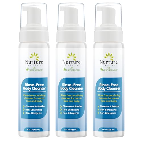 Nurture Rinse Free Foaming Cleanser | Waterless Shower & Bath Wash w/Aloe for Sensitive Dry Skin | Women, Camping, Elderly & Hospital Patients | Perineal Cleansing Foam, Hand & Body Soap 3 Pk