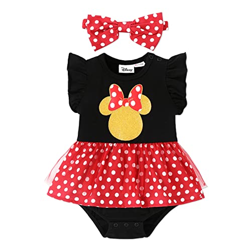 Disney Baby Girl 2Pcs Cotton Flutter-Sleeve Polka Dots Mesh Romper With Headband Set Infant Girl Minnie Mouse Dress Romper Redblack 6-9 Month #TOP12