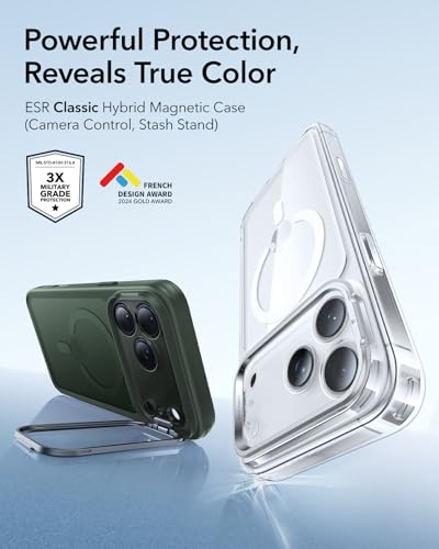 Image of ESR for iPhone 17 Pro Max Case with Stash Stand, Camera Control Cover Compatible with MagSafe, Military-Grade Drop Protection Magnetic Phone Case, Scratch-Resistant Back Cover,Frosted Green