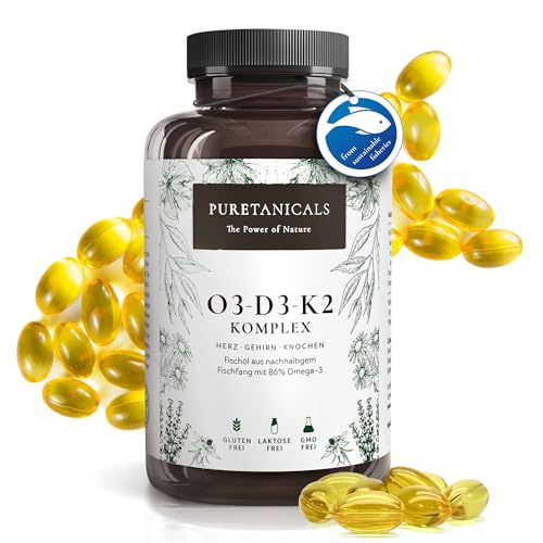 Oméga 3 + Vitamine D3 + K2 MK7 All-Trans - Premium Essentiels O3-D3-K2 Complexe à Haut Dosage - Huile de Poisson aux Acides Gras Essentiels EPA & DHA, Vit D3 K2 | Omega3 Gouttes | 240 Gélules