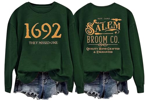 1692 They Missed One Halloween Shirts for Women Salem Witch Long Sleeve Shirt Halloween Hocus Pocus Pullover Tops (Dark Green, XL)