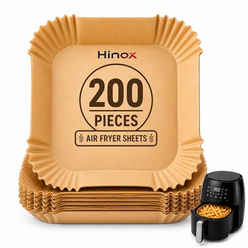 Image of HINOX Air Fryer Paper Liners Square Disposable, Non Stick Oil Proof Parchment Sheets, Heat Resistant Food Grade Baking Paper for Cooking & Frying (200 Sheets)