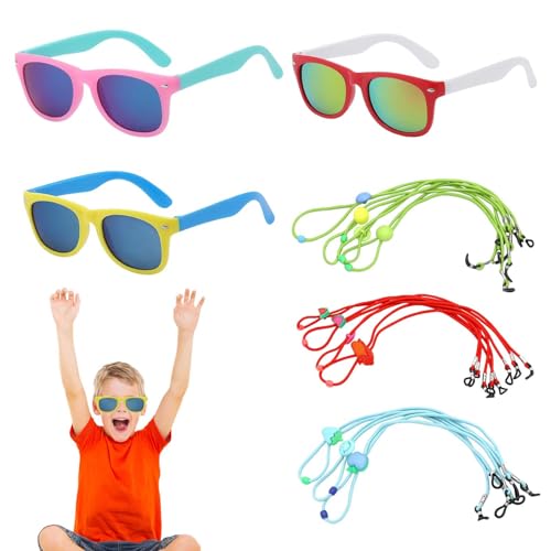 Gafas de Sol Infantiles UV400 6 Piezas – Lentes solares Coloridos + 3 Correas Antideslizantes – Multicolor – Protección Solar para Verano, Viajes, Deportes y Uso Diario