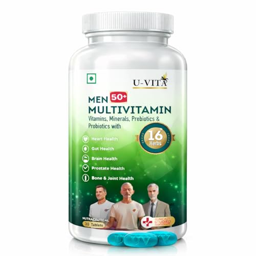 Image of U-VITA Men 50+ Multivitamin | 47 Essential Vitamins, Minerals & herbal extracts | Pre & Probiotics | Resveratrol, Ashwagandha, Lion's Mane Mushroom Extracts | 30 Veg Tablets | Formulated in the UK