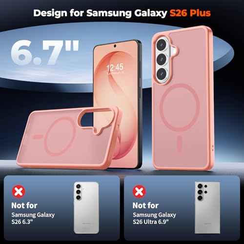 Image of SUPFINE Magnetic for Samsung Galaxy S26 Plus Case with Screen Protector, (Built-in Magnets) (Military Grade Drop Protection) Slim Translucent Shockproof Phone Case,Light Pink