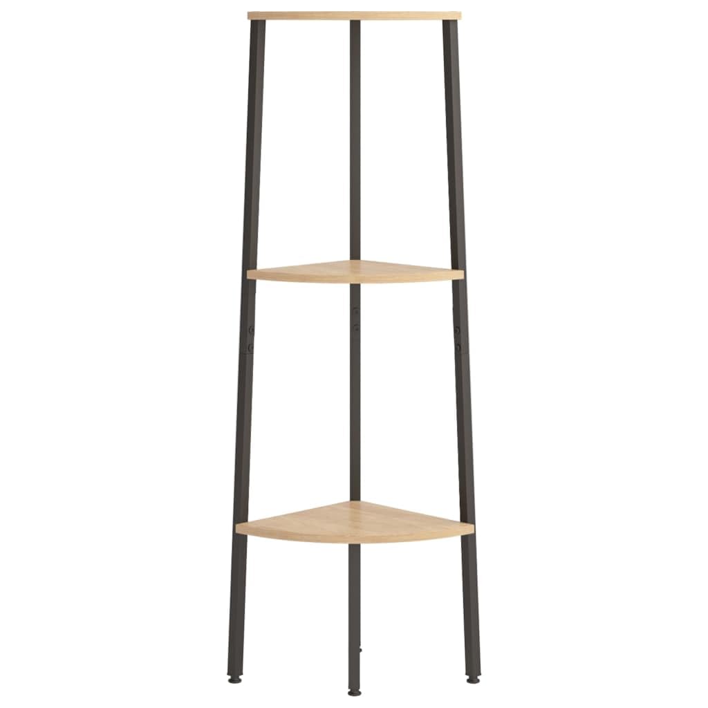 Eckregal mit 3 Ablagen Standregal für Wohnzimmer Büro Flur, Bücherregal aus Holzwerkstoff und Stahl, schmales Nischenregal Hellbraun Schwarz, 45,5 x 31,5 x 120 cm