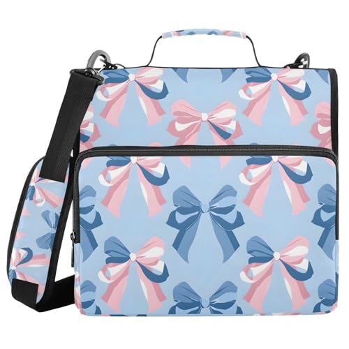 Image of 3 Ring Zipper Binder with Shoulder Strap Pink Bow Blue Pattern 1.5 inch Binders Keeper Large Capacity Multi Pockets for School Office Supplies
