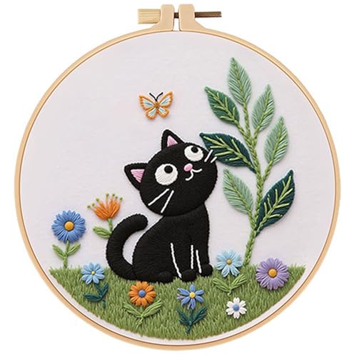 ZGEZGE Cat Embroidery Set A Cute Black cat and Butterfly Pastoral Style DIY Embroidery Beginner Set Suitable for Both Beginners and Adults. Perfect for Handmade Gifts and Home dcor.