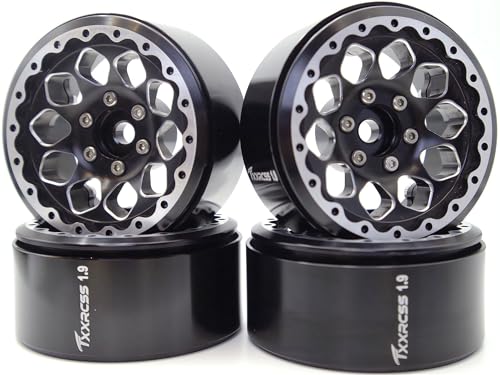 TxXrcss RC 1.9 Beadlock Wheel Rims Hex 12mm Aluminum Wheels Adjustable for TRX4 SCX10 Gen8 1/10 RC Crawler Car 4PCS (Titanium Black)